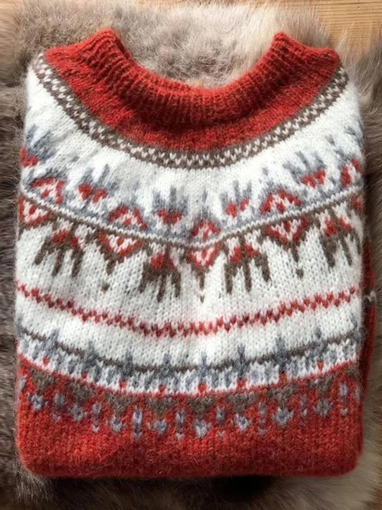 Carolina - Wygodny Sweter z Okrągłym Dekoltem i Islandzkim Nadrukiem w Stylu Vintage w Geometryczne Wzory